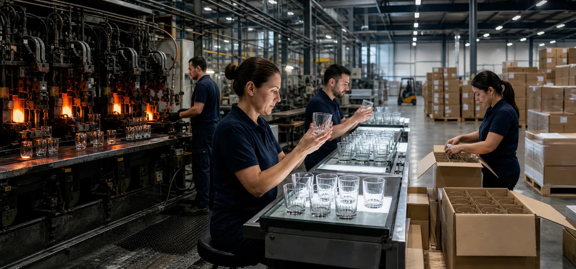 Glassware production, inspection, and packing process