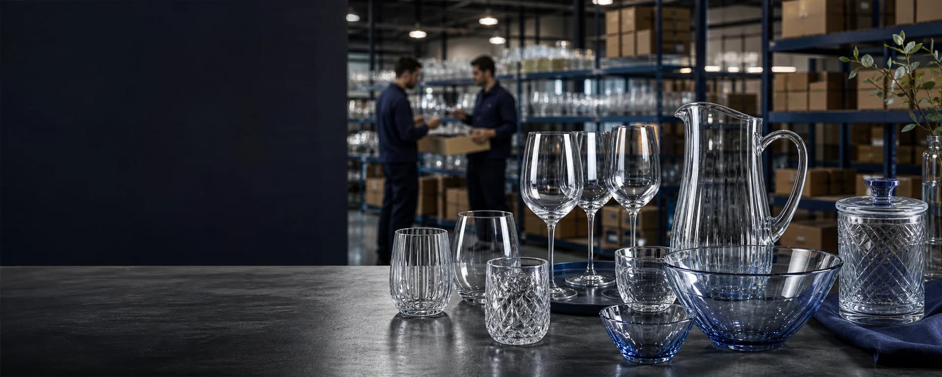 Clear glassware collection displayed in a modern warehouse showroom
