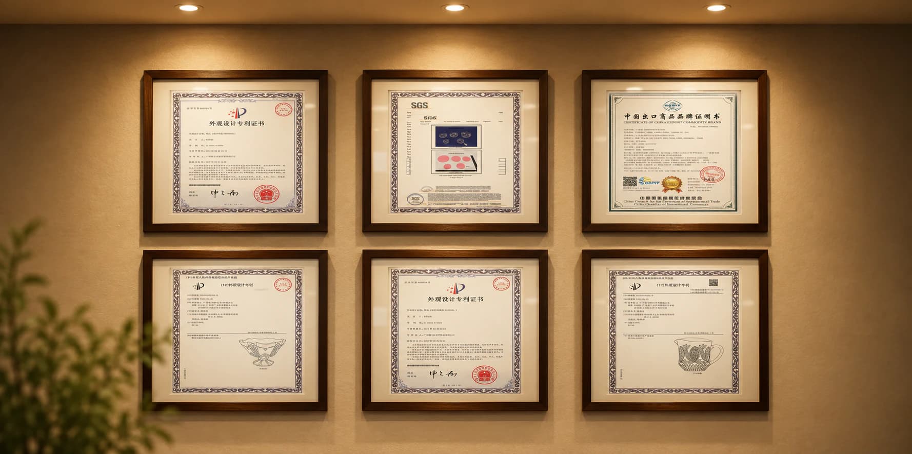 Six framed patent, inspection, and trademark documents displayed under warm lights