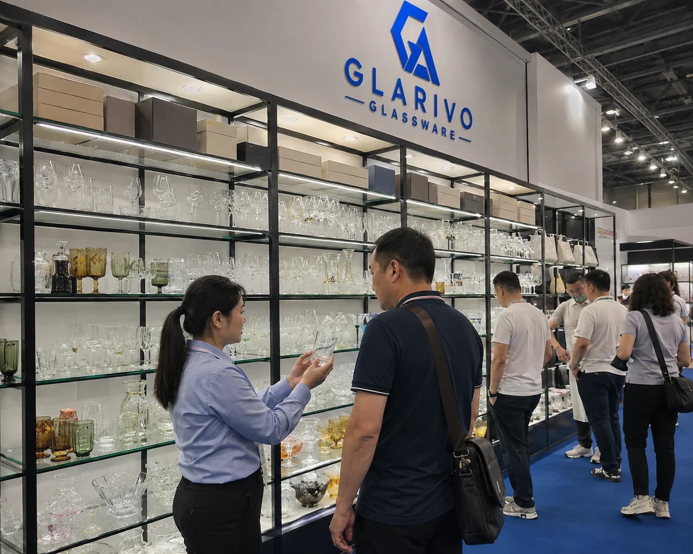 GLARIVO exhibition scene: glassware selection along the display shelves
