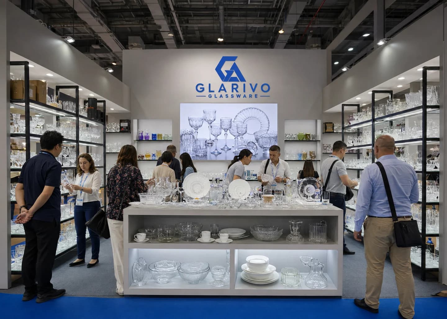 GLARIVO exhibition scene: glassware and tableware display island
