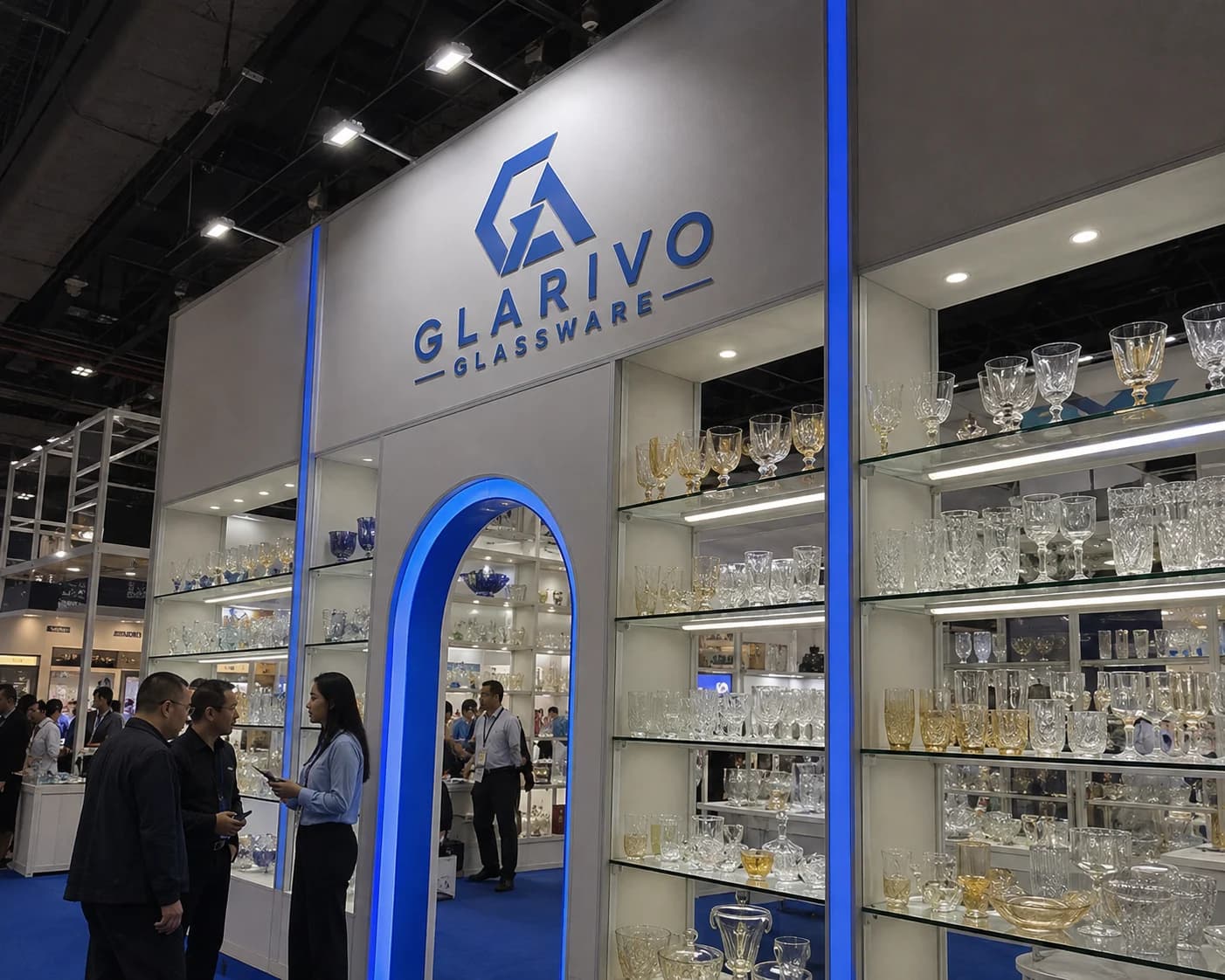 GLARIVO exhibition scene: blue archway and glassware displays