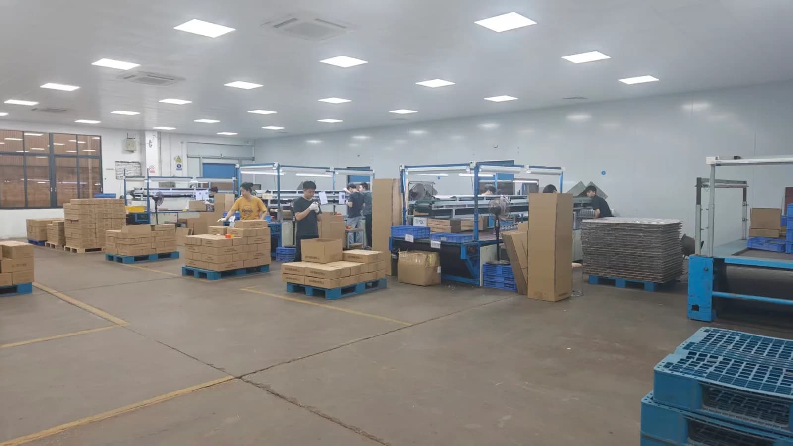 Staff working at illuminated benches, with cartons, trays, and pallets nearby.