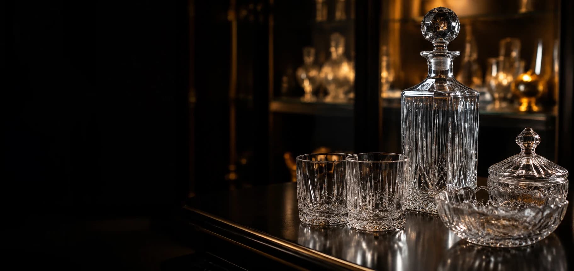 Illustrative clear glassware collection under warm showroom lighting
