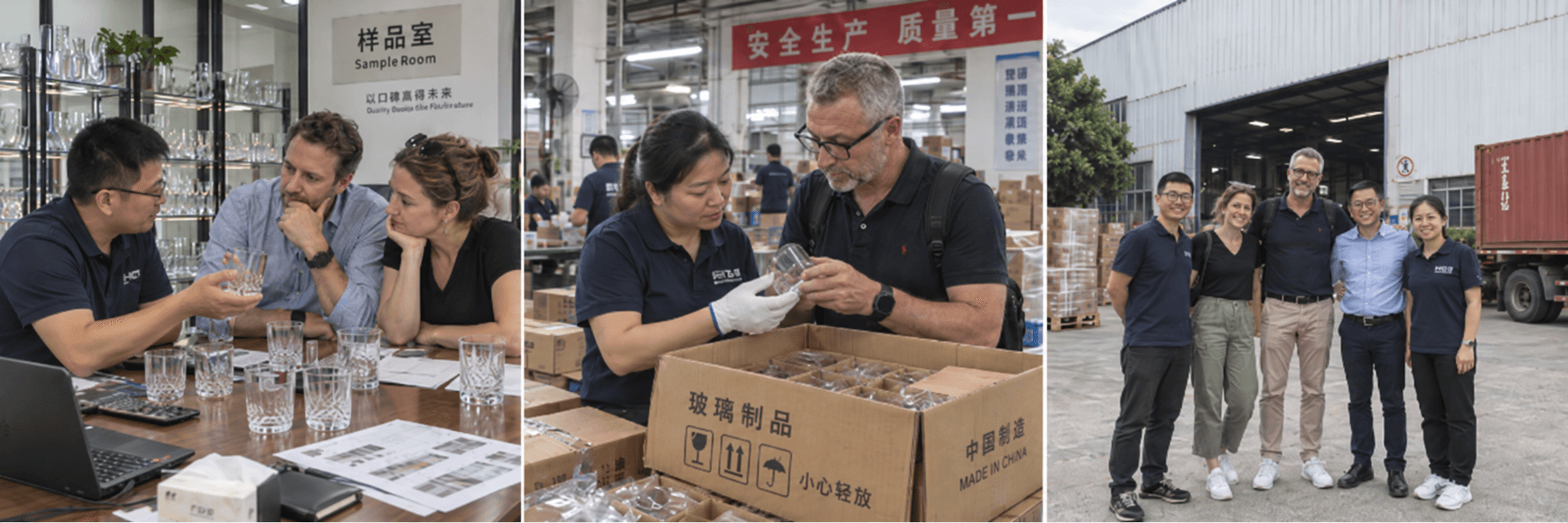 Glassware collection discussions in a sample room, a sample and packaging review in the workshop, and a group factory visit