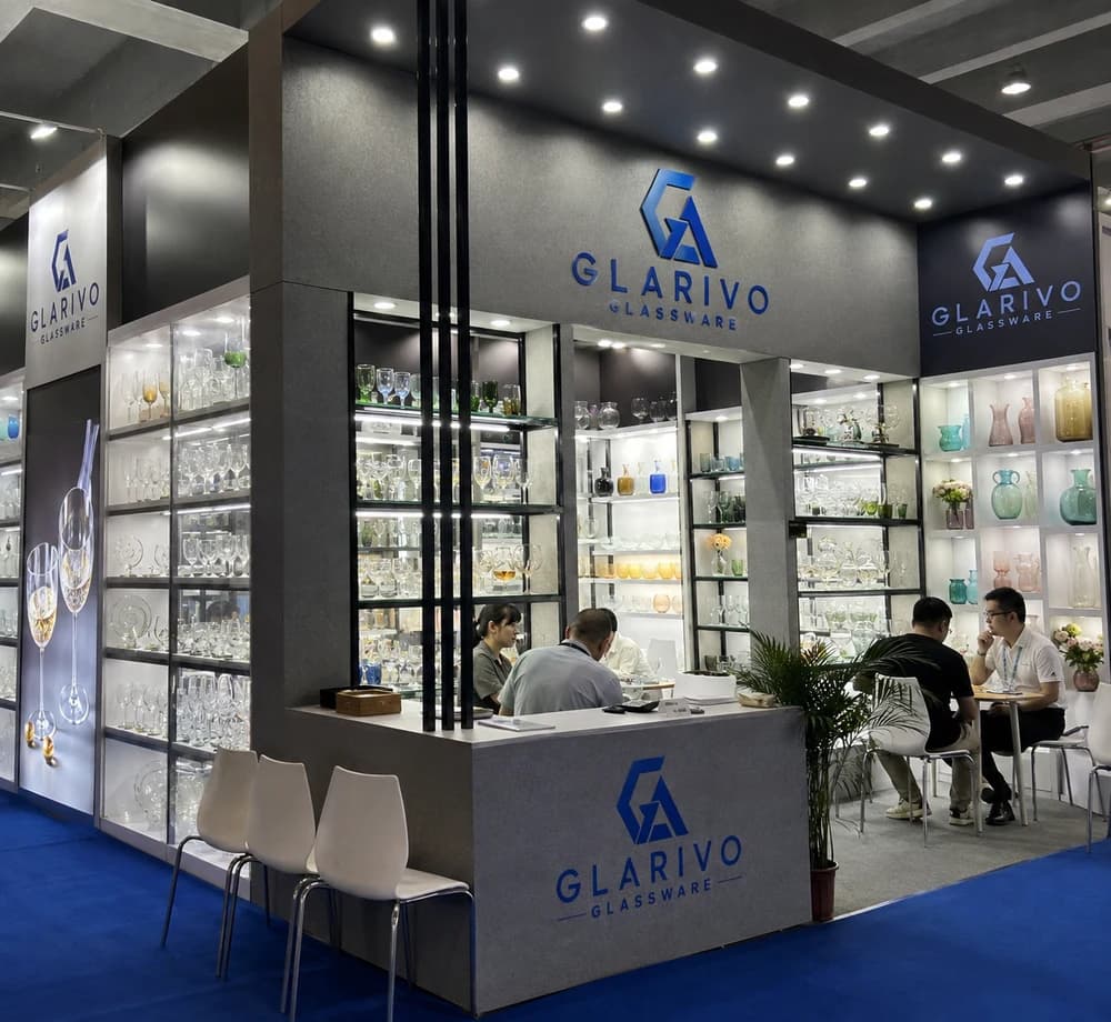 Glassware booth display with Glarivo signage
