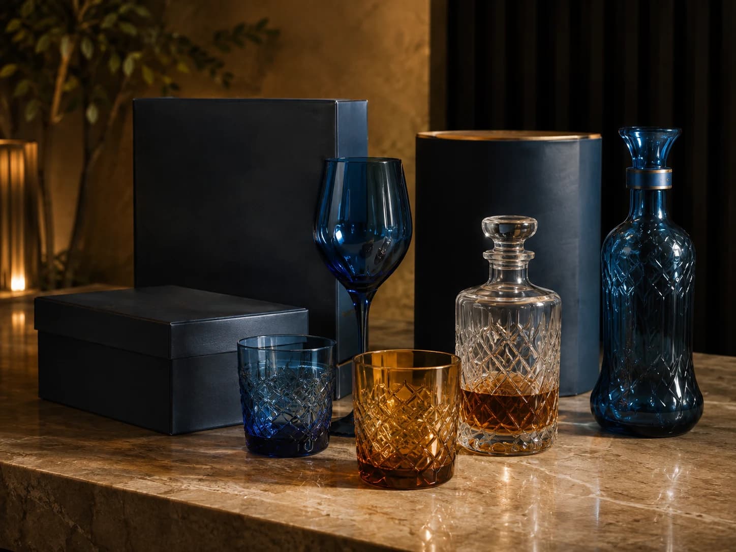 Illustrative hospitality glassware and packaging setting