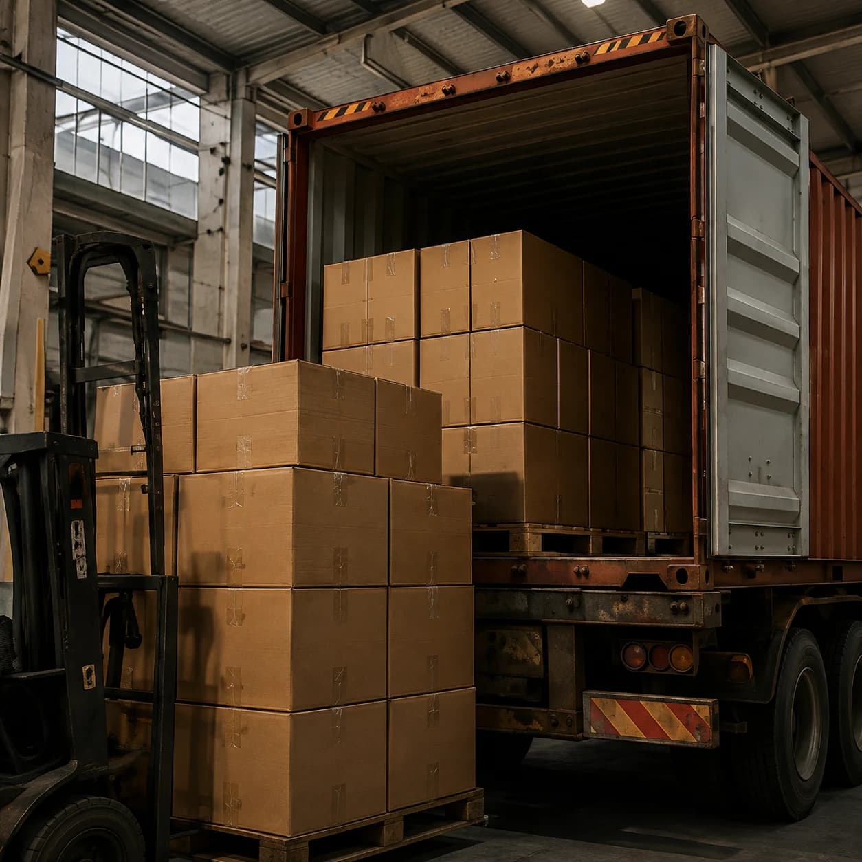 Packed glassware cartons in a shipping container