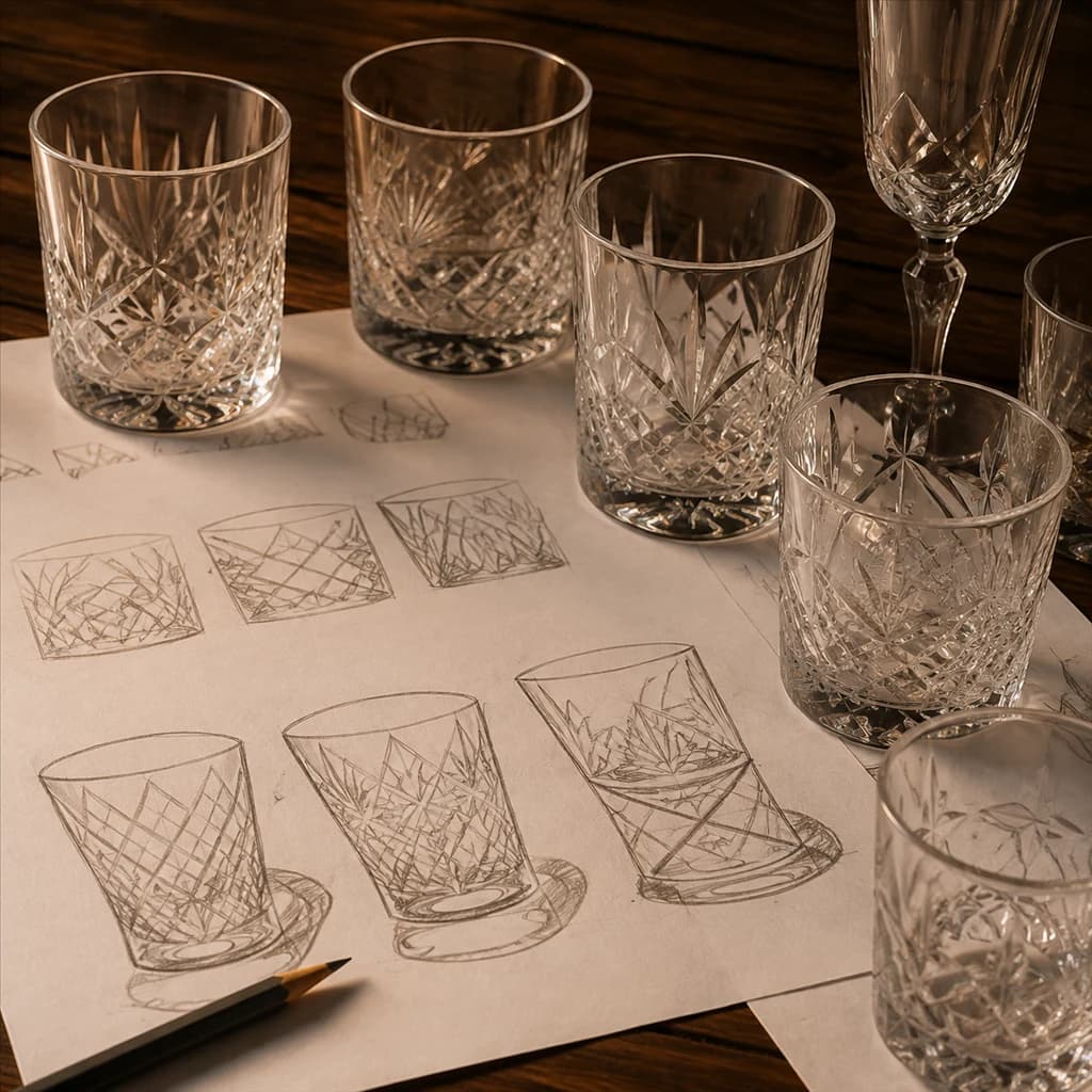 Pattern sketches and decorated glass cups on a design table