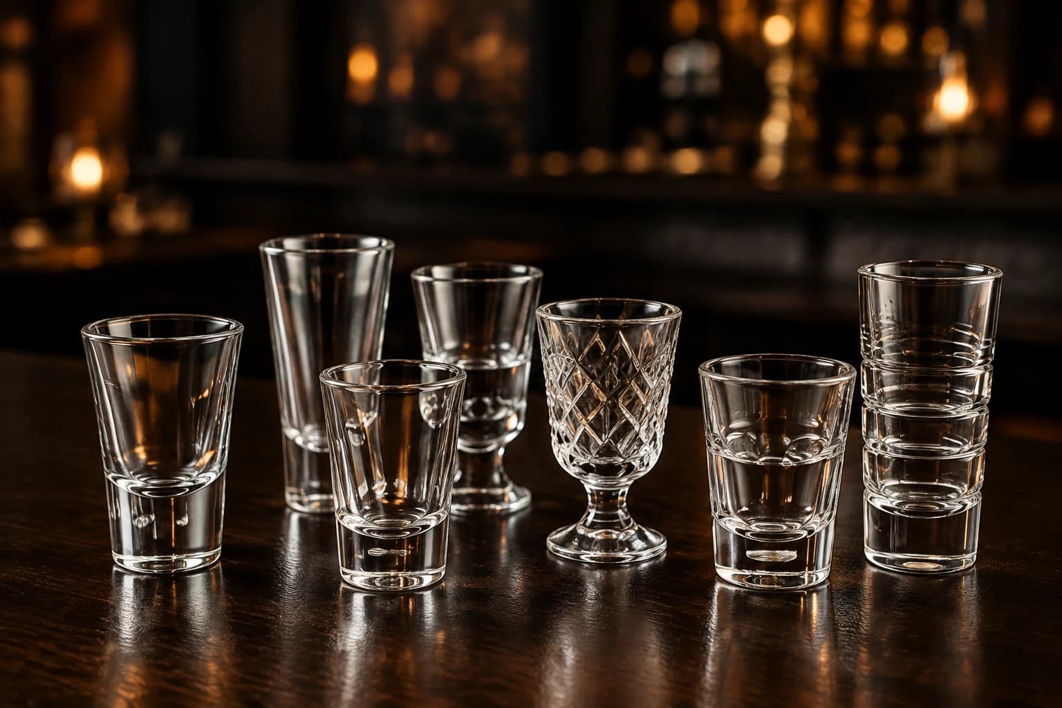 Editorial illustration of clear shot glasses in different profiles under warm light