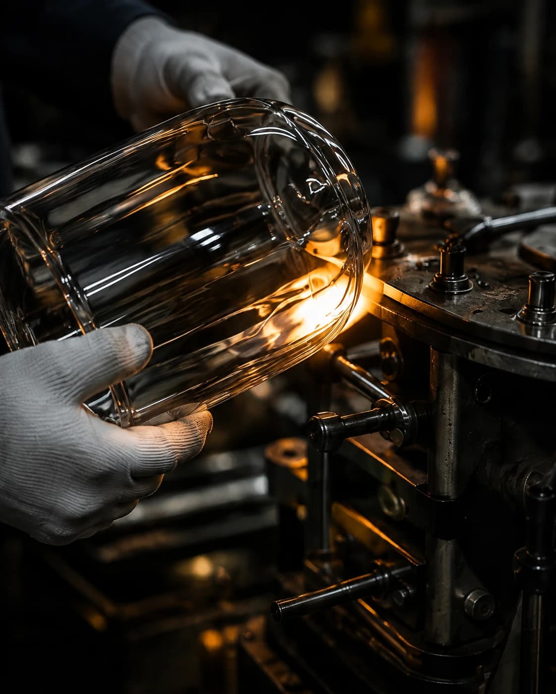 Gloved hands inspecting a glass vessel beside forming equipment