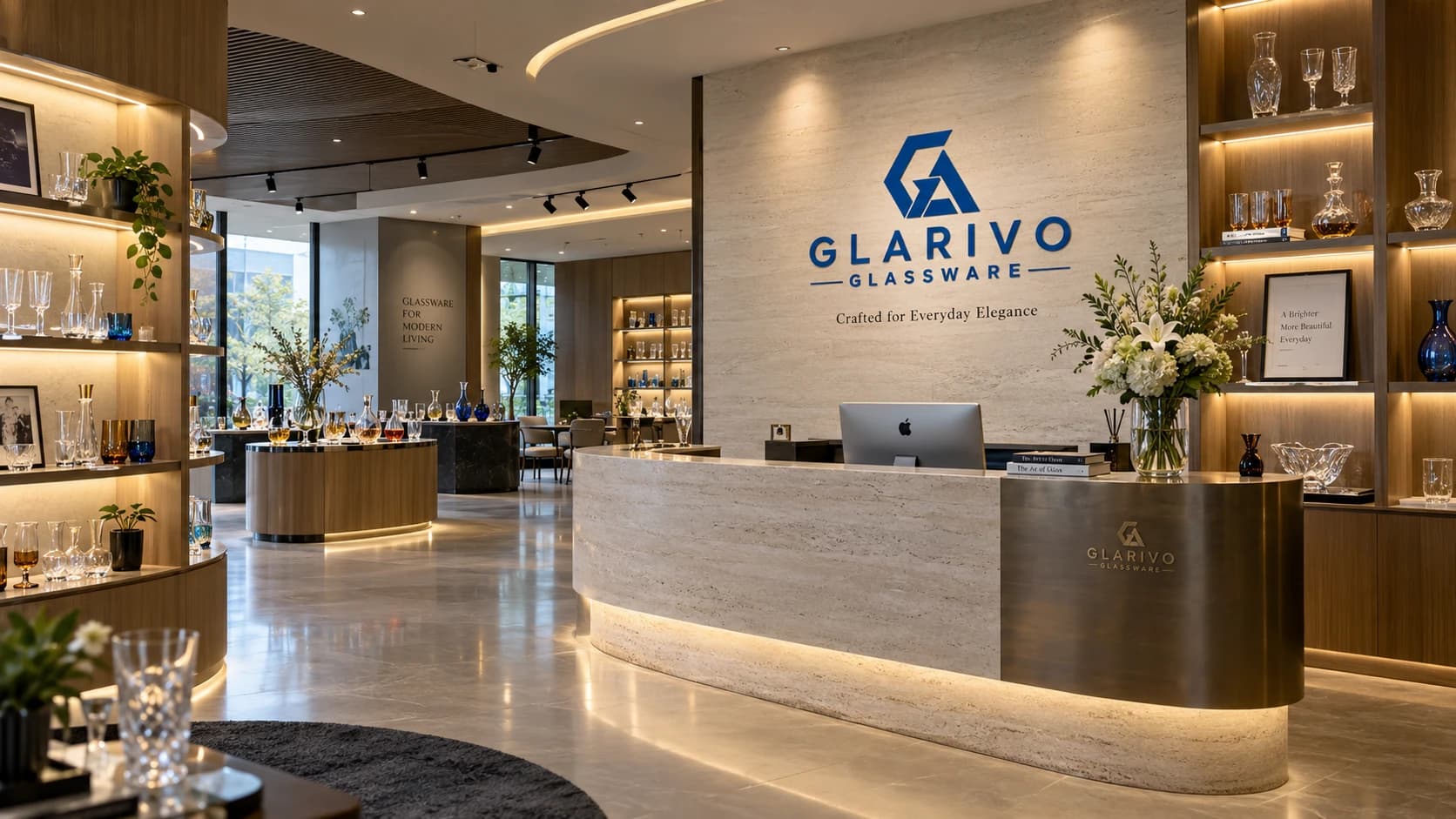 Editorial glassware showroom scene with illuminated displays