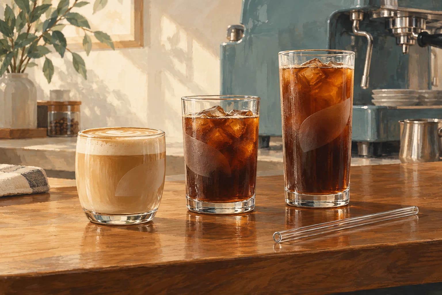 AI-generated illustration of latte, cold brew and iced americano glasses on a cafe counter