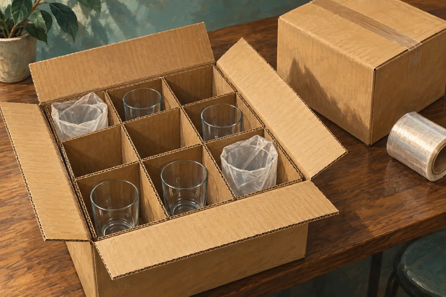 AI-generated illustration of glasses separated by corrugated carton dividers