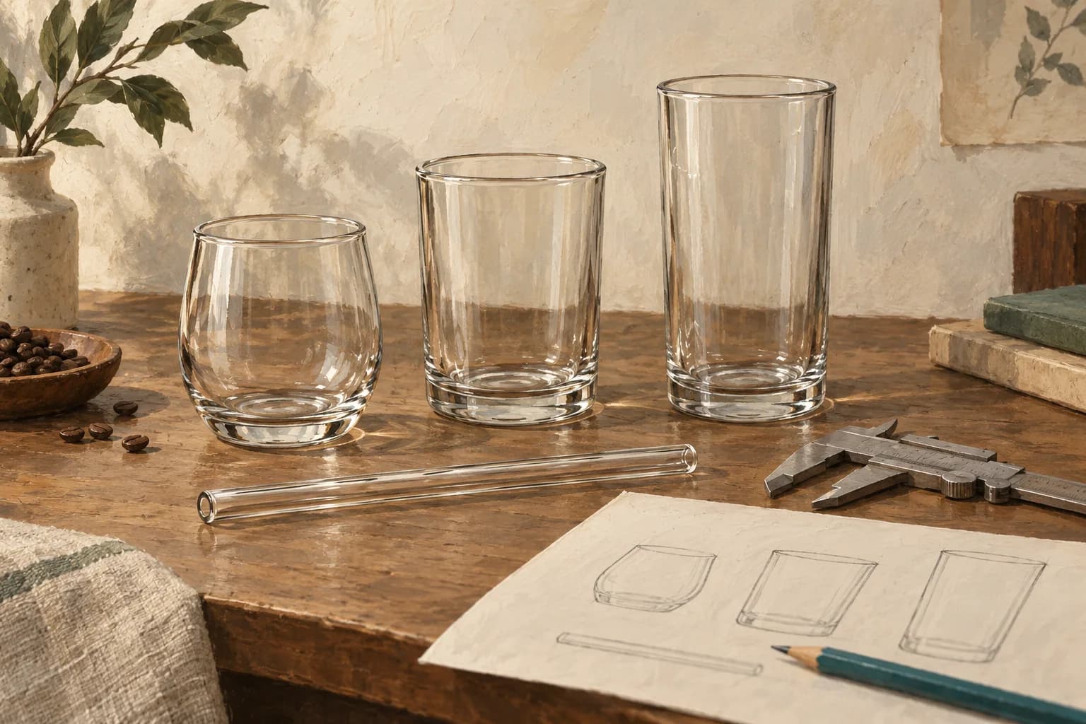 AI-generated illustration of three glass samples, a glass straw, calipers and sketches