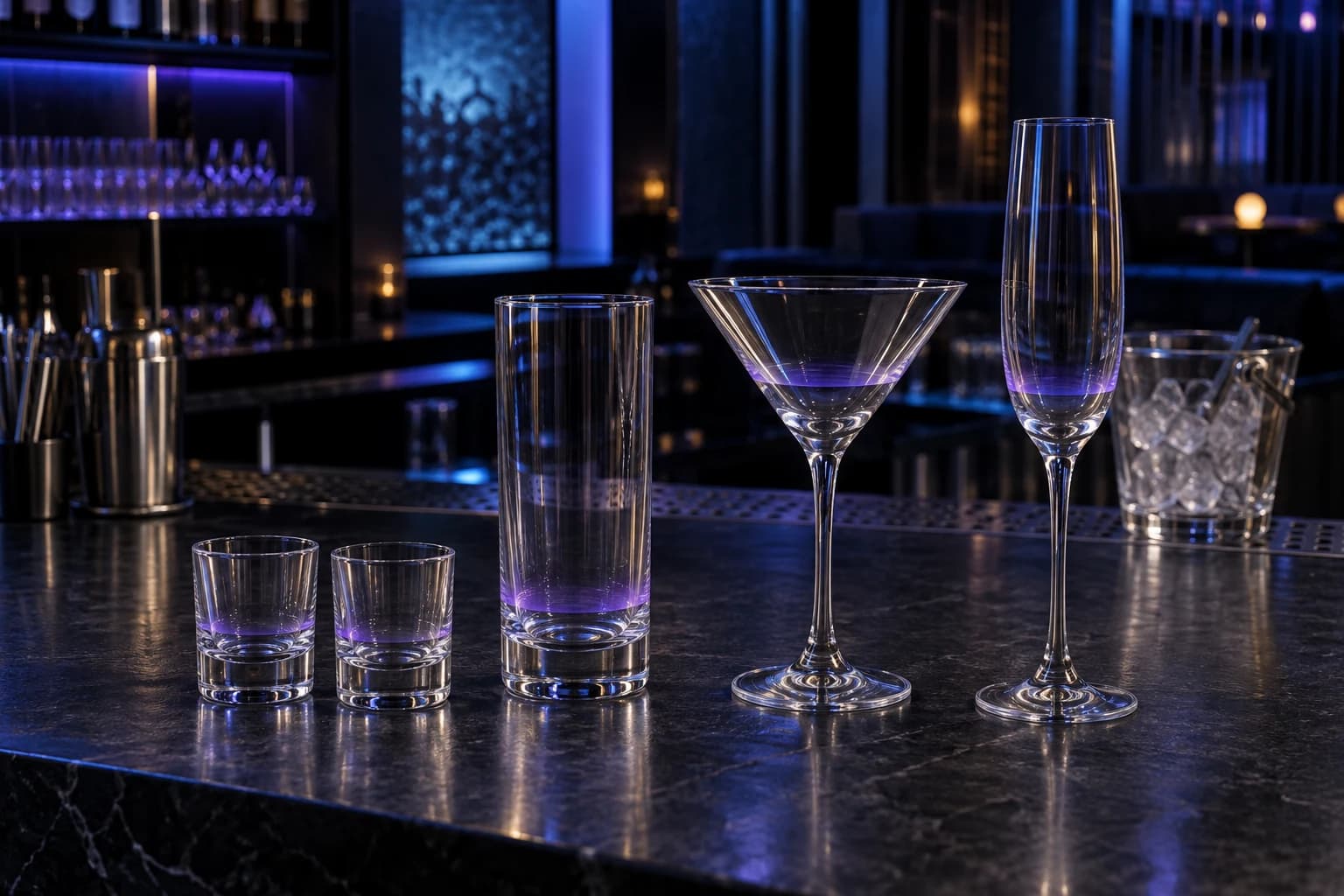 Illustration of shot glasses, a highball, stemware and an ice bucket on a nightclub bar under blue-violet lighting.