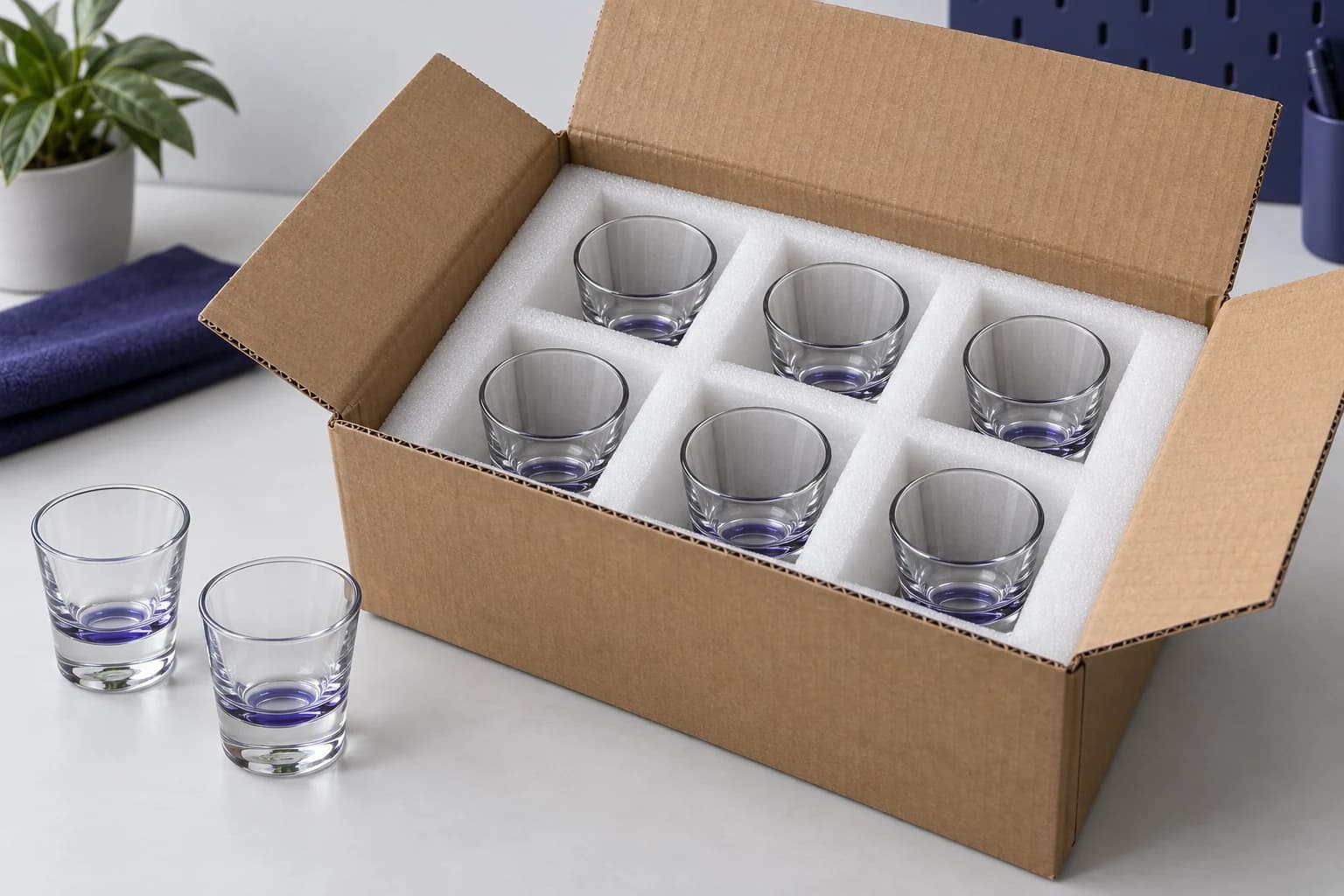 Illustration of clear shot glasses separated by individual white foam compartments inside a corrugated carton.