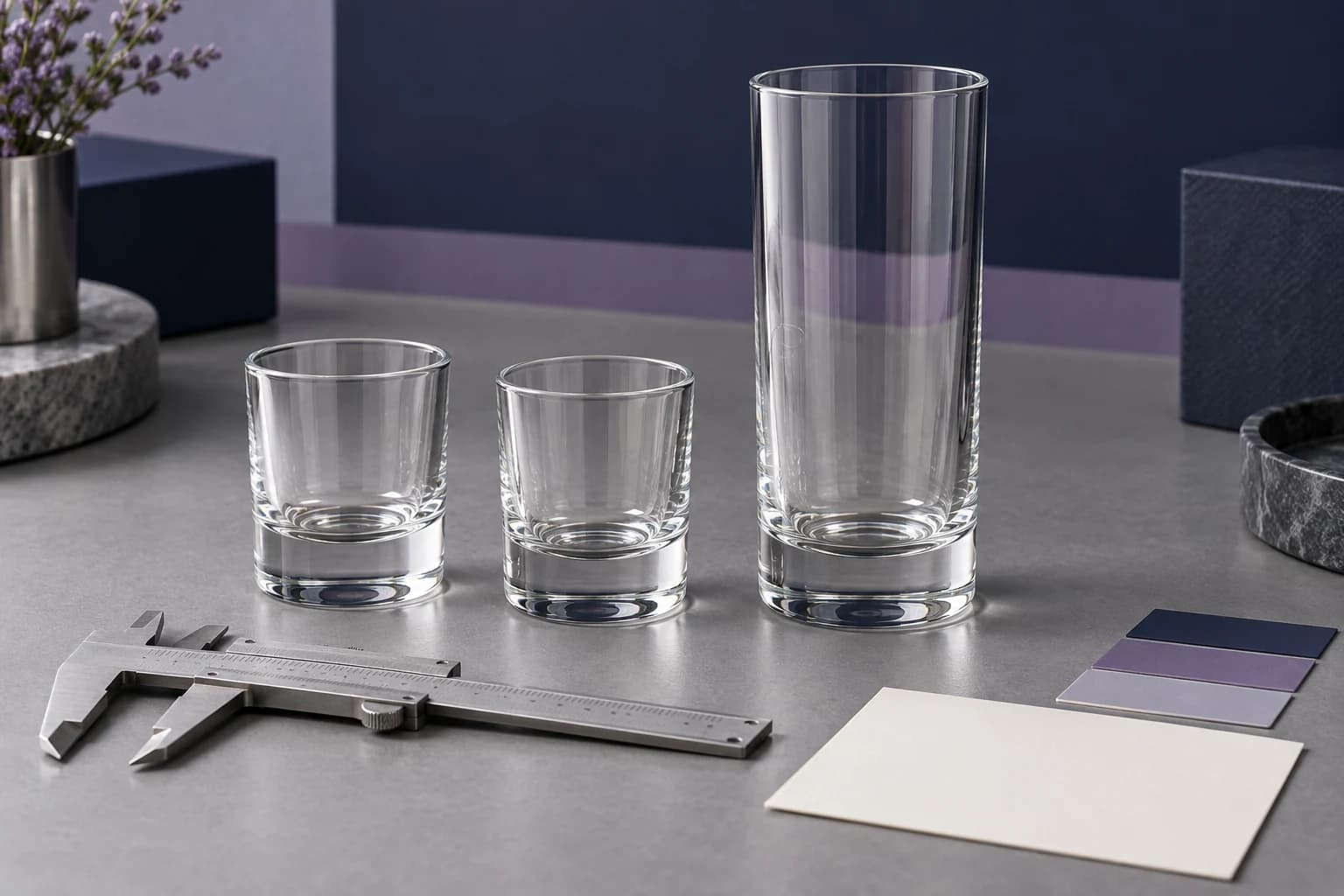 Illustration of thick-base shot-glass samples and a highball beside a caliper and color references on an inspection table.