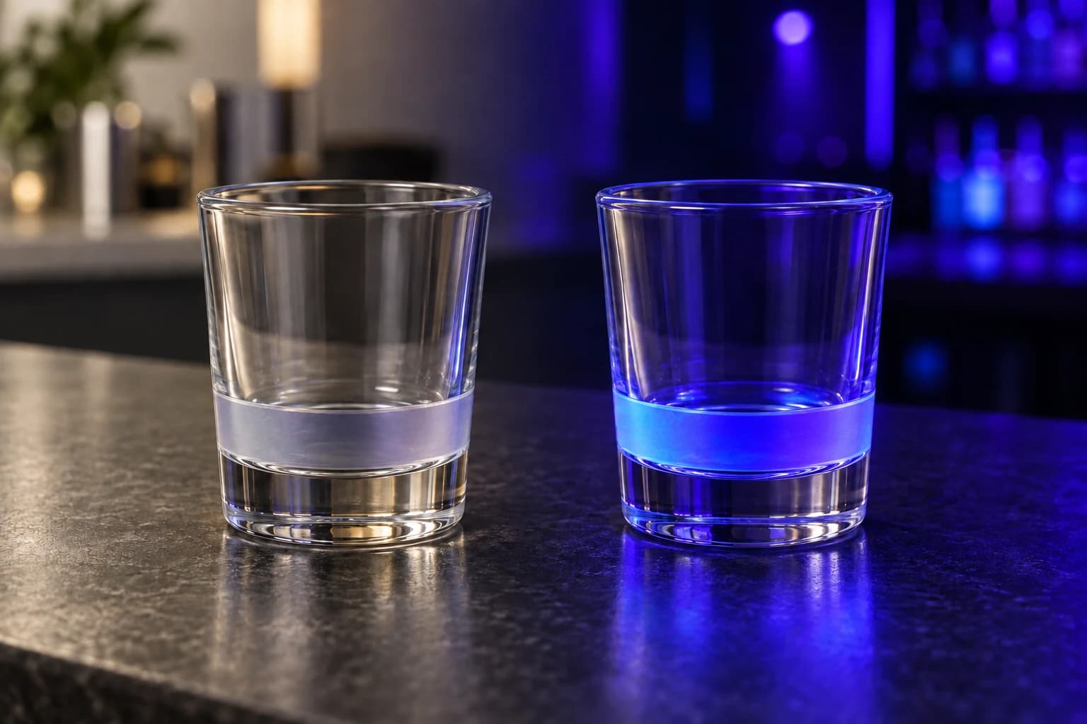 Illustration comparing a decorative shot-glass band in neutral light and under blue-violet UV-style lighting.