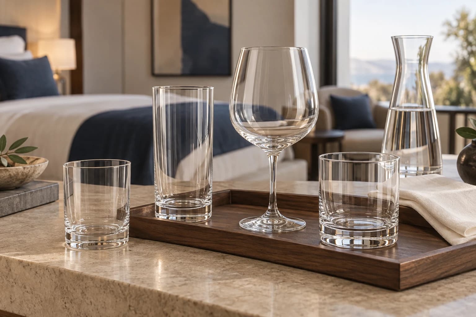 Illustration of four clear guestroom glass types on a walnut tray in a warm neutral hotel setting.