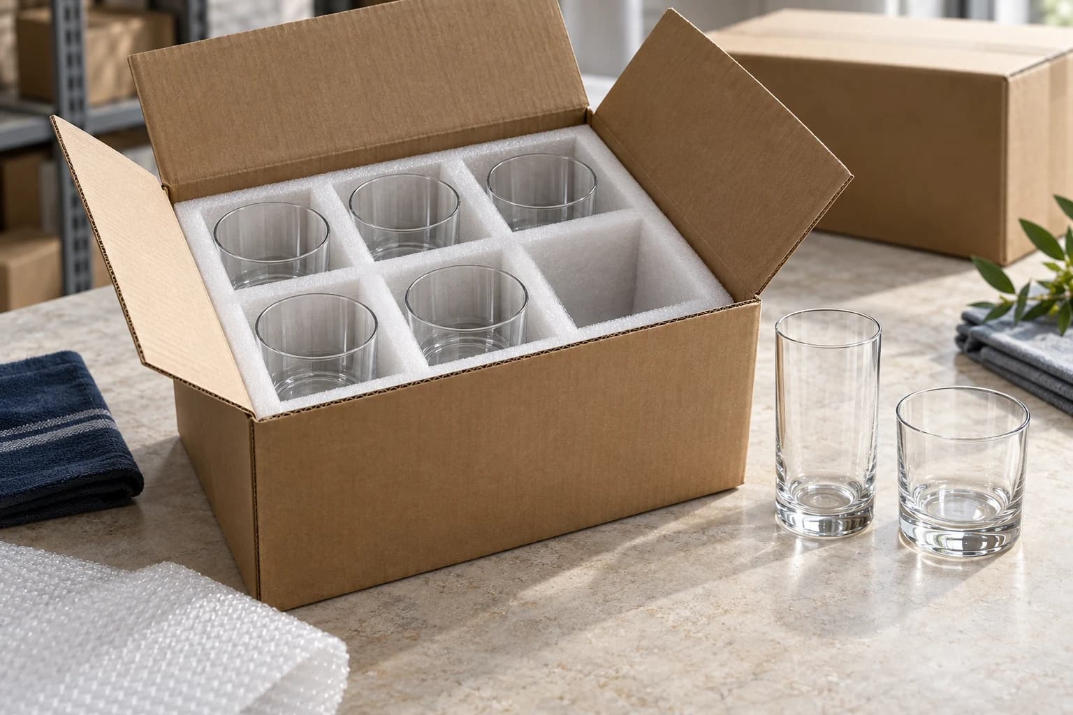 Illustration of clear tumblers separated by white foam dividers in a corrugated carton.