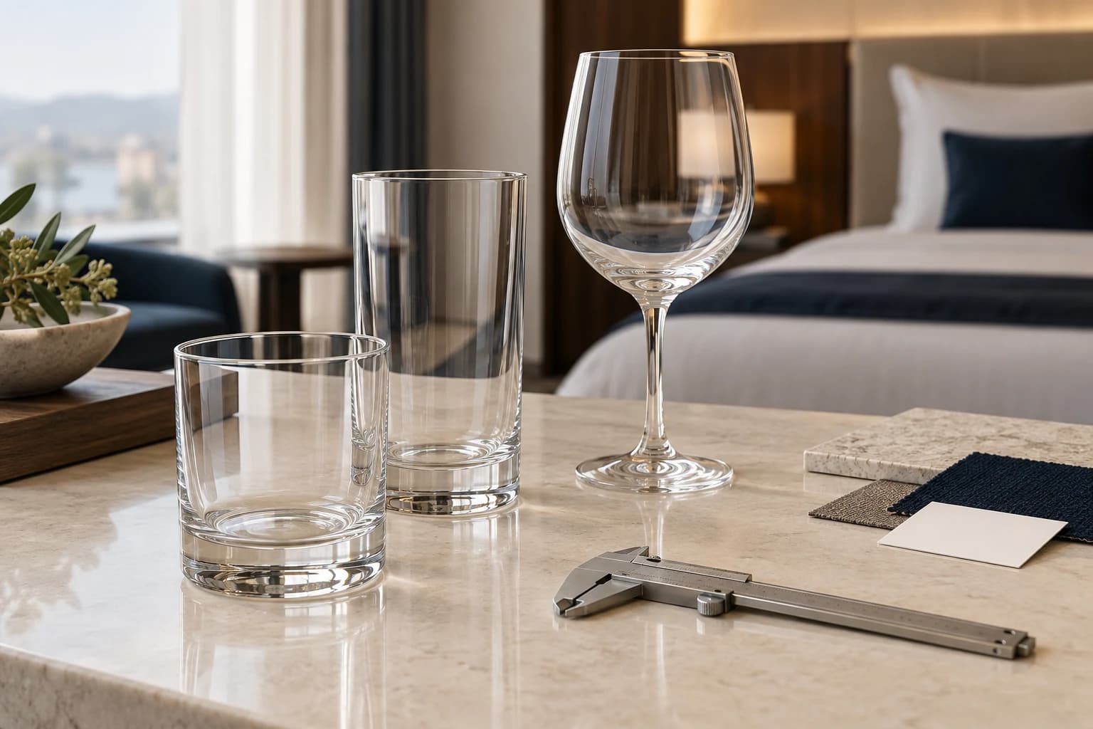 Illustration of clear tumblers and a wine glass beside a caliper for a sample review.