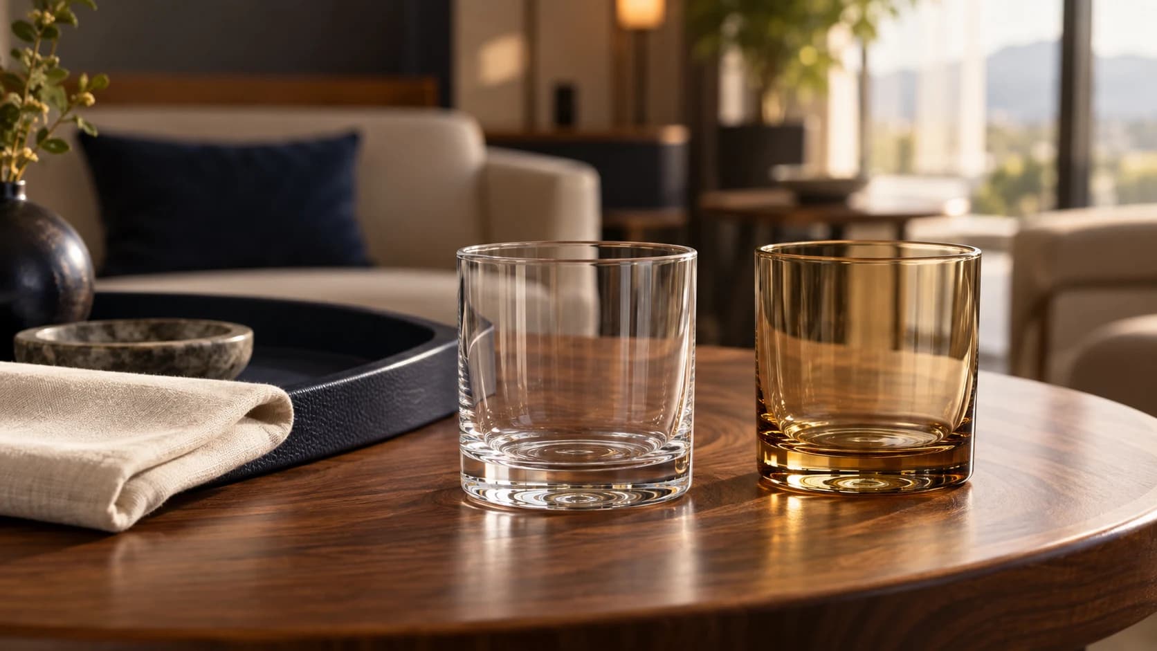 Clear and amber tumblers on a walnut hotel lounge table, illustrating a coordinated glassware collection.
