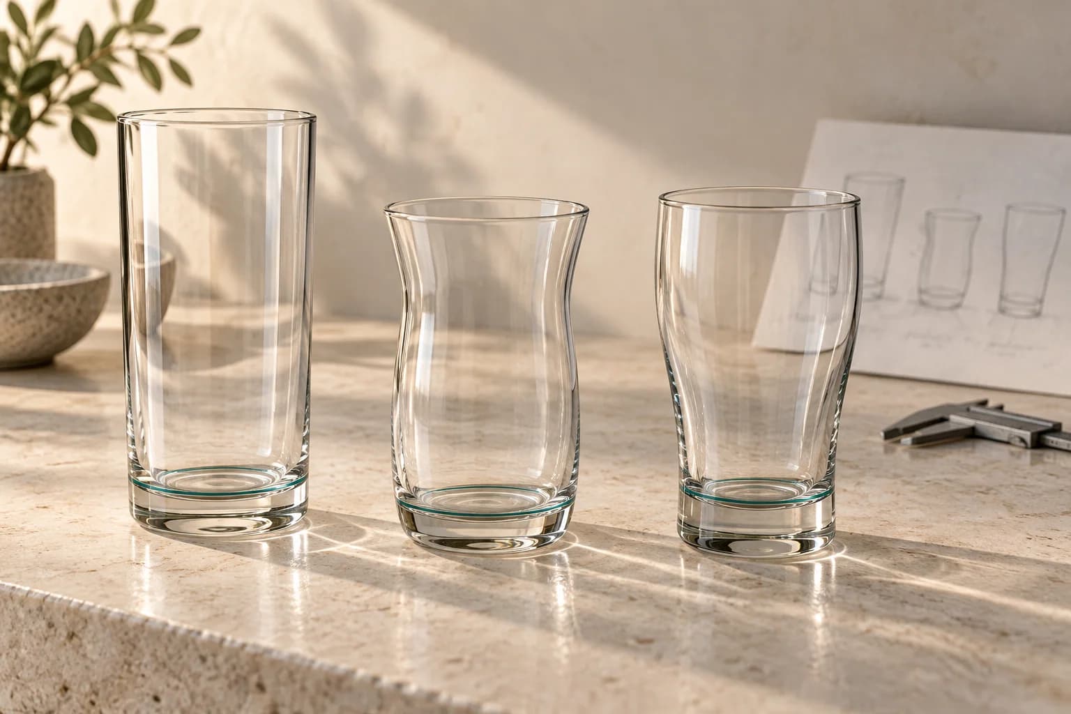 AI-generated illustration of three clear glassware forms with subtle teal base accents
