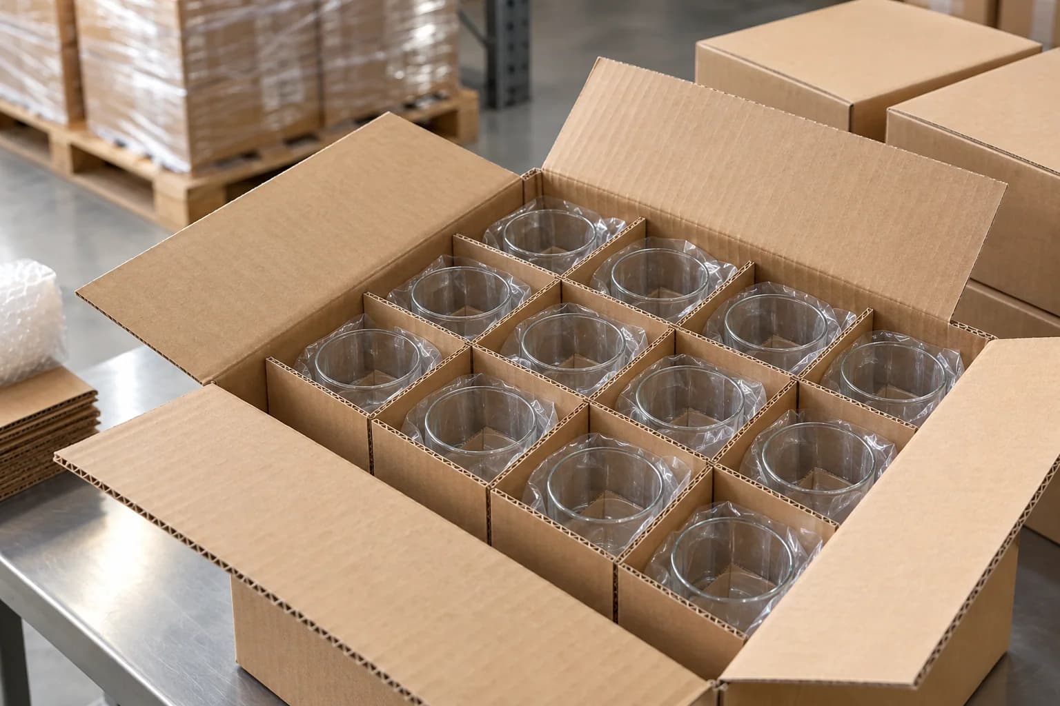 AI-generated illustration of clear glasses separated by corrugated carton dividers