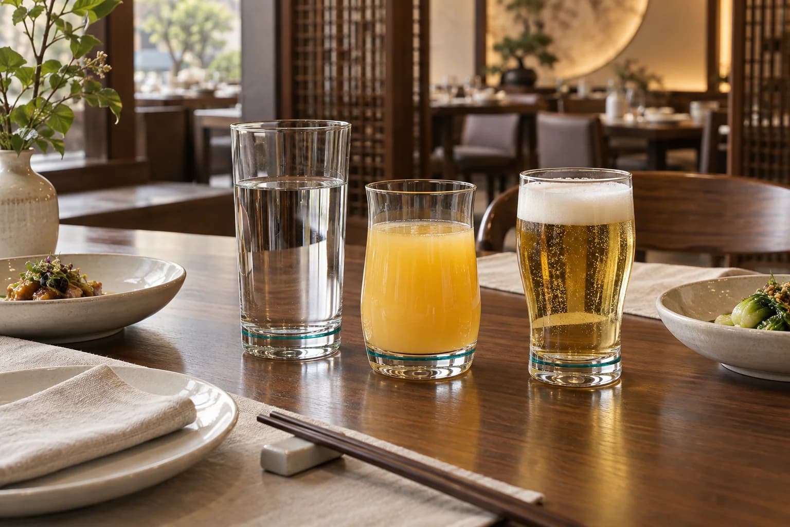 AI-generated illustration of coordinated water, juice and beer glasses in a contemporary Chinese restaurant