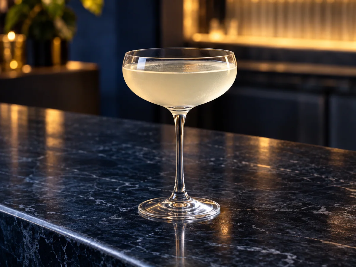 A clear coupe glass with a shallow rounded bowl on a dark bar counter. Generated silhouette reference only; not a specific product model.