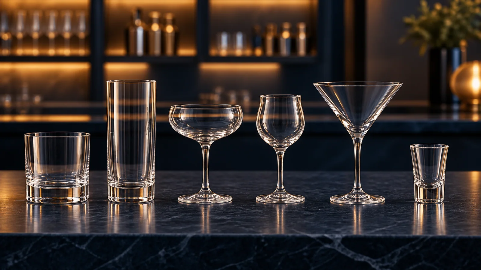 Six clear cocktail glass types arranged on a dark restaurant bar counter: rocks, highball, coupe, Nick and Nora, martini and shot glasses.
