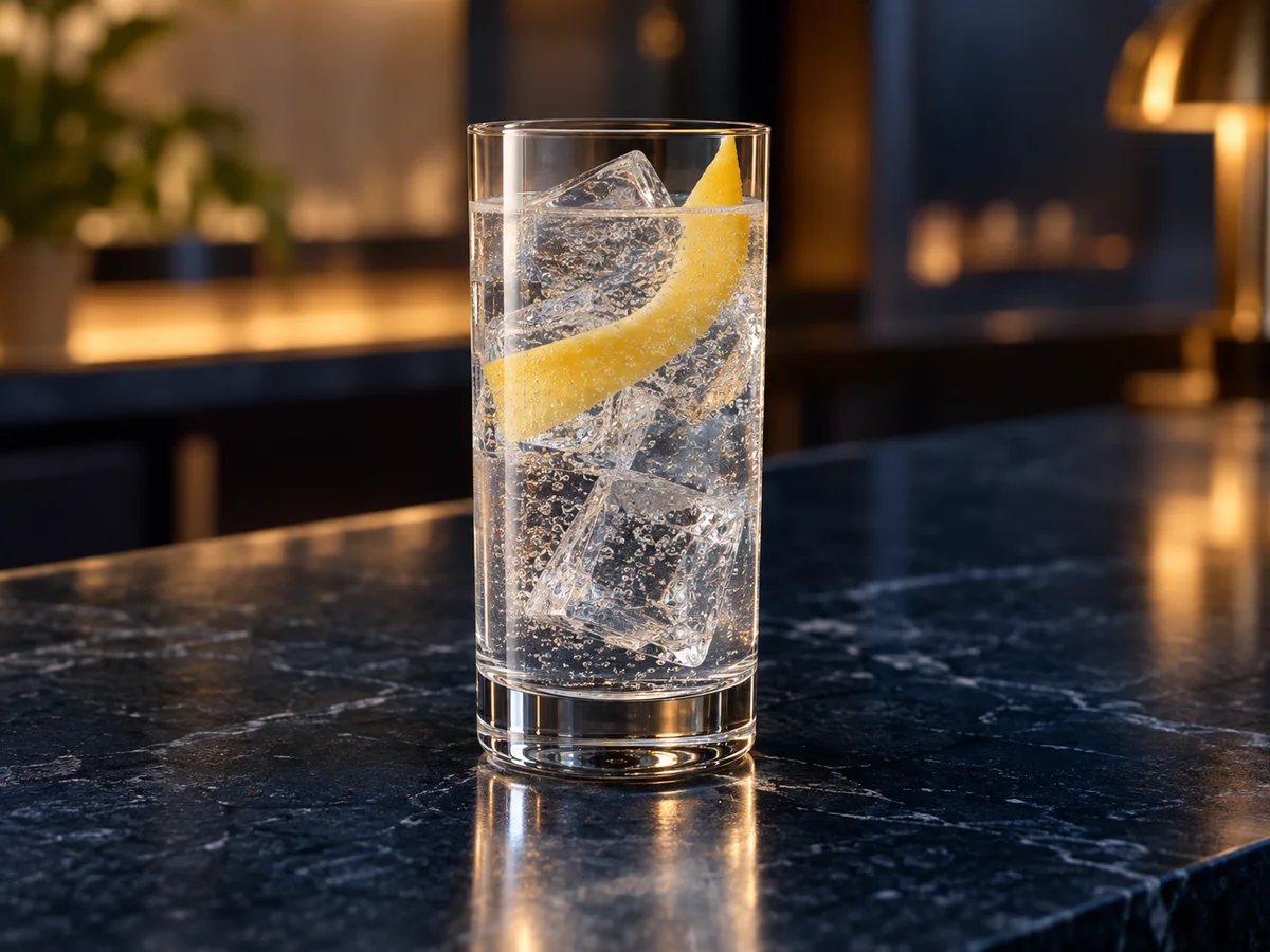 A tall clear highball glass with ice and a plain citrus peel on a dark bar counter. Generated silhouette reference only; not a specific product model.