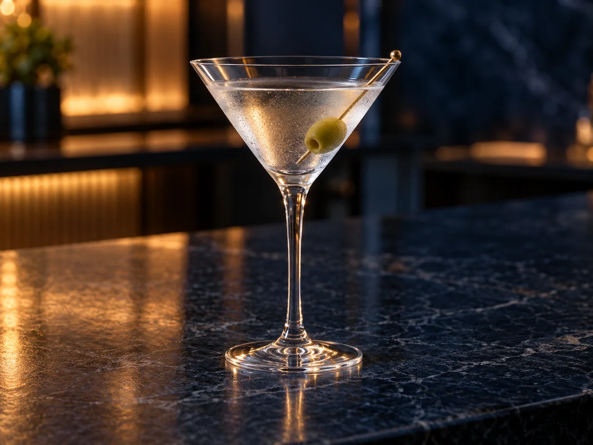 A clear V-shaped martini glass on a dark bar counter. Generated silhouette reference only; not a specific product model.