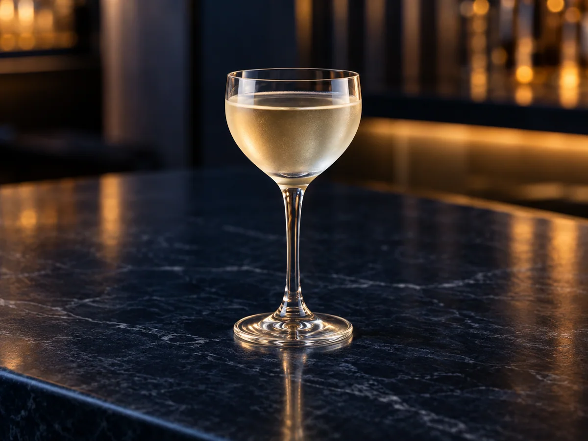 A clear Nick and Nora glass with a compact rounded bowl on a dark bar counter. Generated silhouette reference only; not a specific product model.