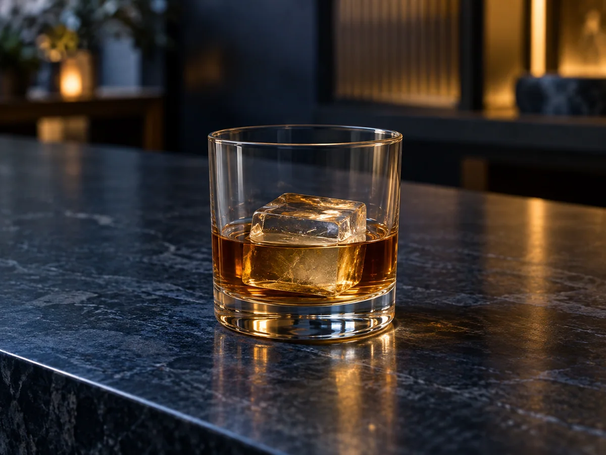 A clear heavy-base rocks glass on a dark bar counter. Generated silhouette reference only; not a specific product model.