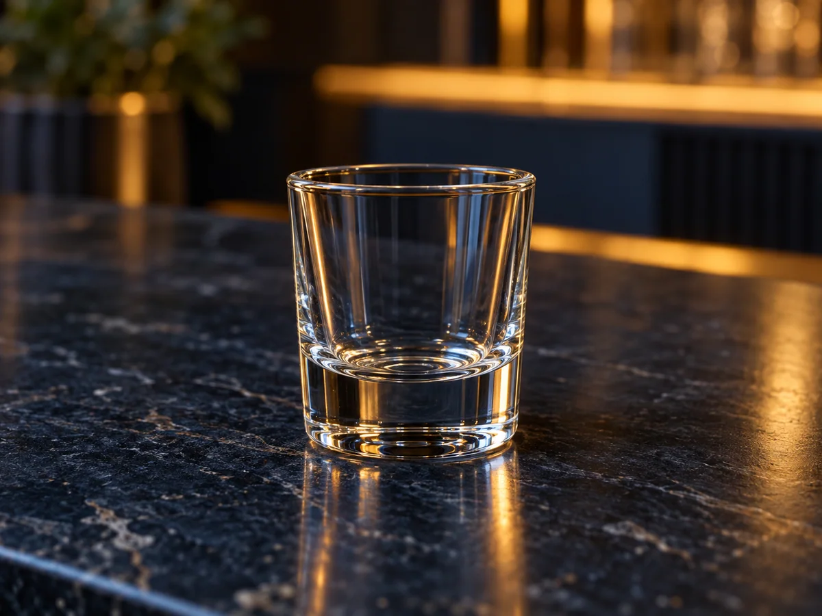 A clear thick-base shot glass on a dark bar counter. Generated silhouette reference only; not a specific product model.