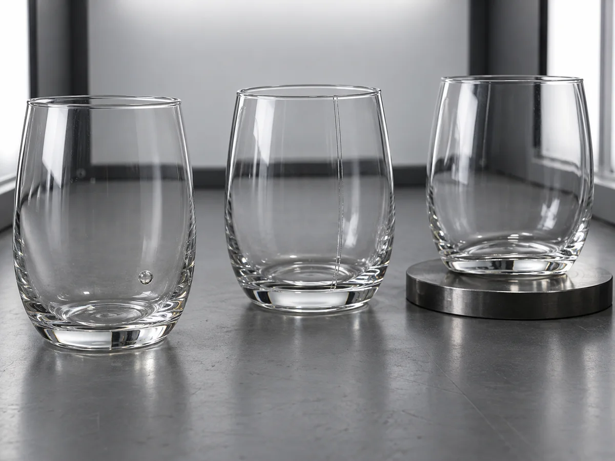 Three clear glass tumblers displayed under inspection lighting, showing subtle examples of a bubble, a raised seam and an uneven base for visual comparison. Generated reference only; defect class and acceptability require written thresholds.