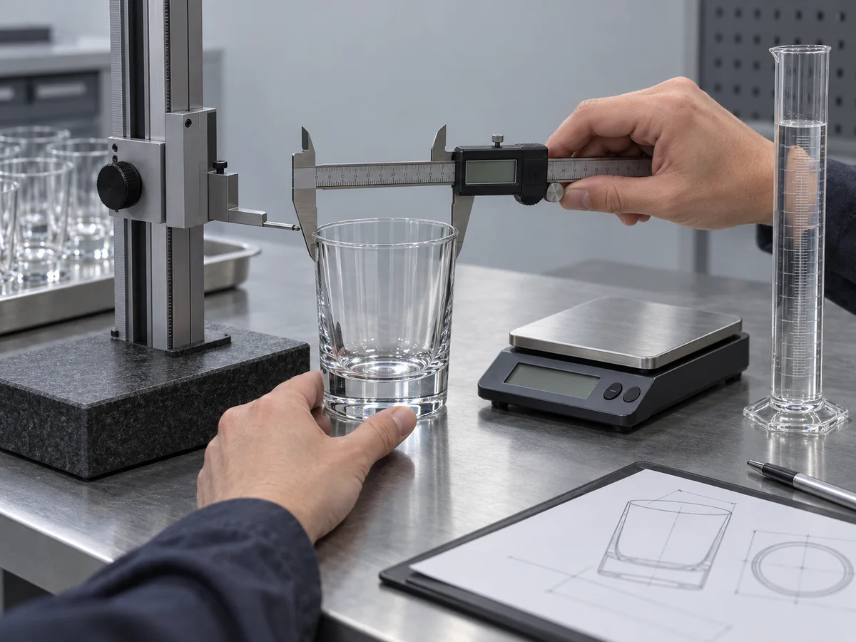 A clear glass tumbler at a calibrated inspection station with a digital caliper, height gauge, scale and graduated cylinder, all without readable values. Generated measurement-process reference only.
