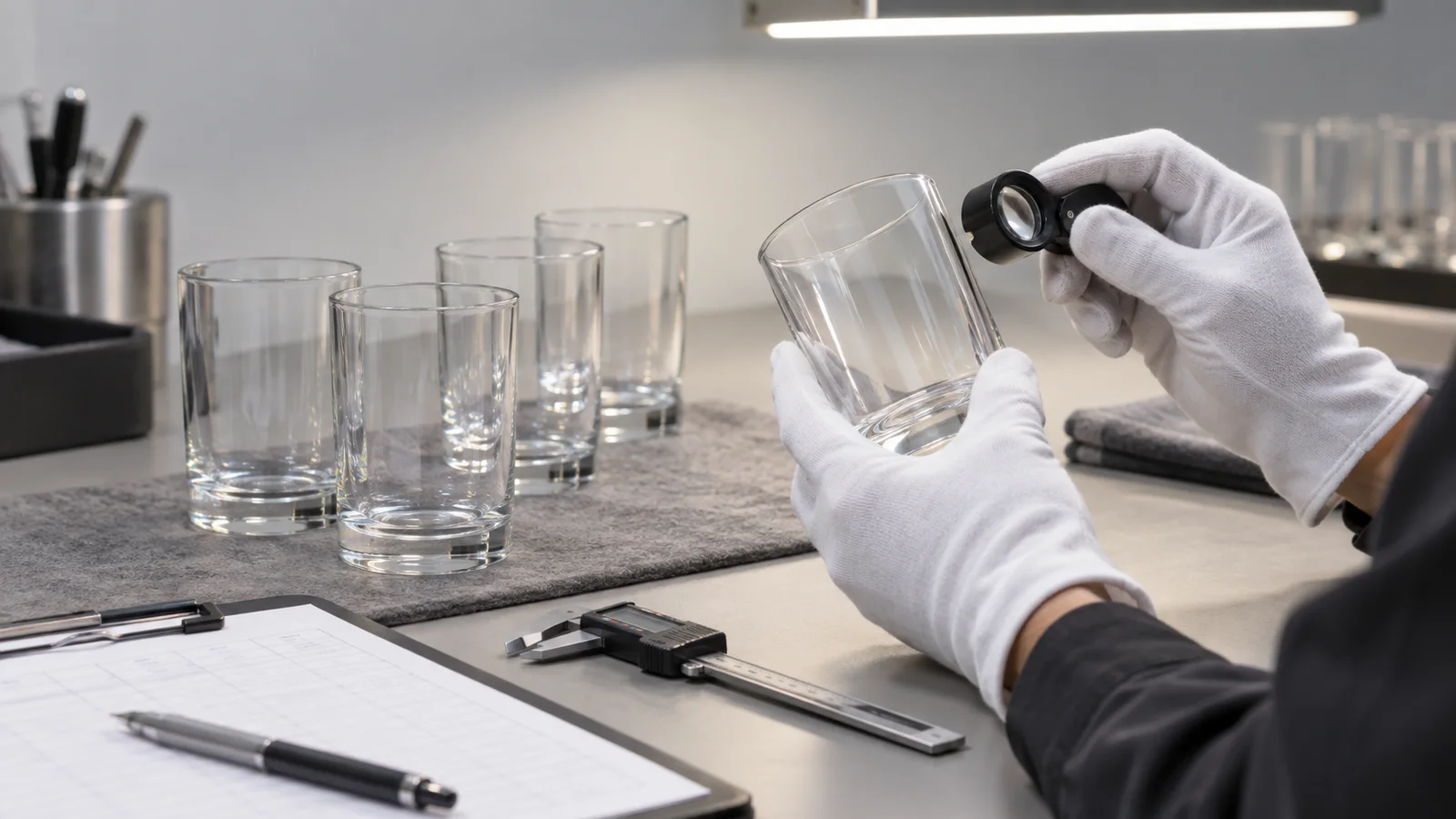 A quality inspector examining clear drinking glasses under neutral inspection lights, with selected samples, a loupe, caliper and inspection sheet.