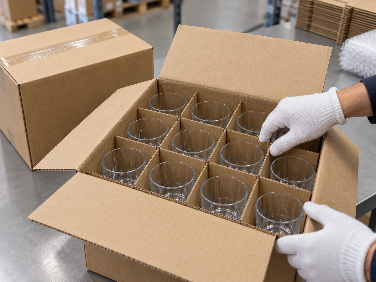 Open export carton containing clear drinking glasses separated by fitted protective dividers, with one intact sealed carton beside it at an inspection station. Generated packing reference only; it is not a validated packing design.
