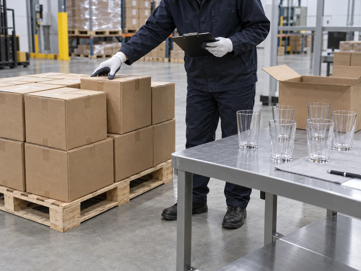 An inspector selecting sealed cartons from different pallet positions and arranging randomly chosen glassware samples at a quality-control table. Generated process reference only; it does not prescribe a sample size.