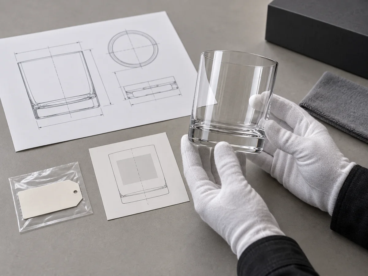 An approved clear glass sample, a current unbranded specification drawing and a sealed reference tag arranged together for version-controlled sample approval, with no readable text. Generated approval-process reference only.