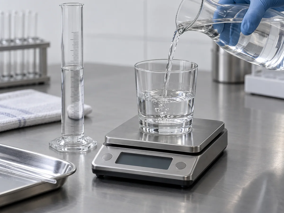A clear drinking glass beside a calibrated balance and graduated cylinder while water capacity is checked at a neutral laboratory-style bench, with no readable values. Generated measurement-process reference only.