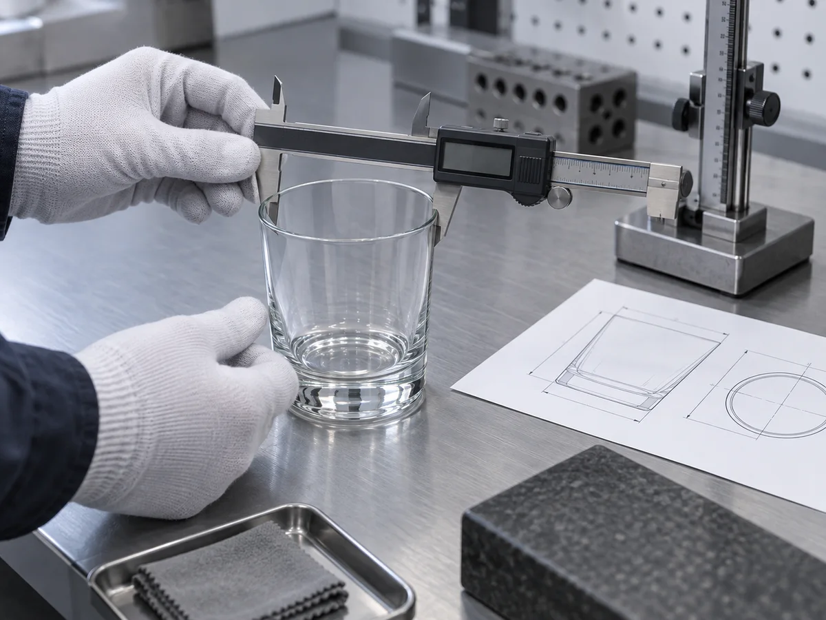 A clear glass tumbler being measured with a digital caliper and height gauge against an unbranded technical drawing, with no readable measurements. Generated dimensional-inspection reference only.