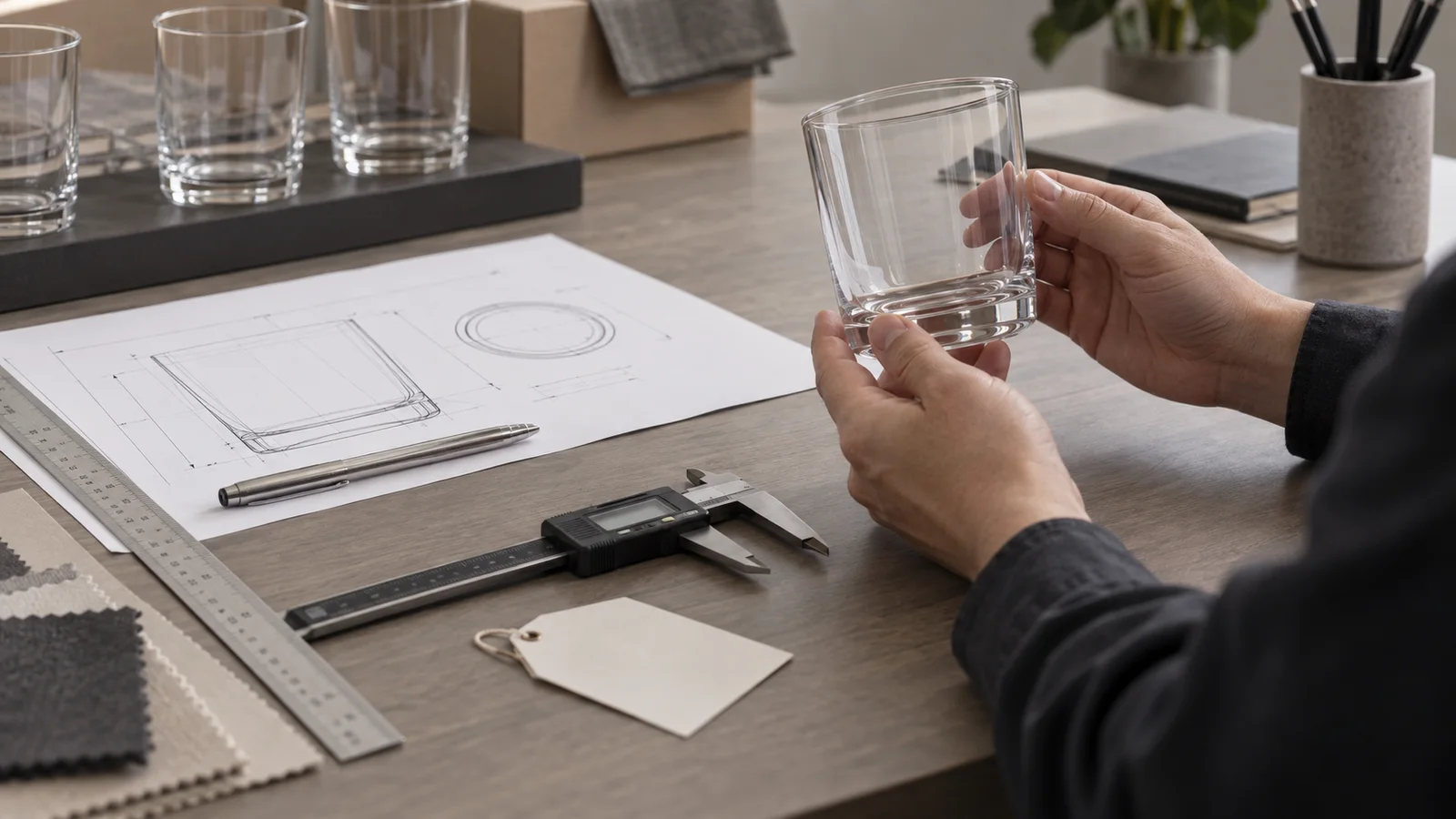 A wholesale buyer reviewing a clear glass tumbler, an unbranded specification drawing and measurement tools at a neutral product-development desk.