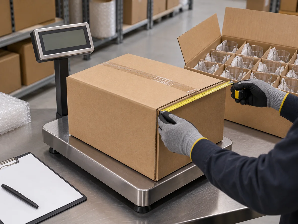 An intact export carton on a platform scale beside measured carton dimensions and protected clear glasses, with all displays blank and no shipping labels. Generated packing-data reference only.