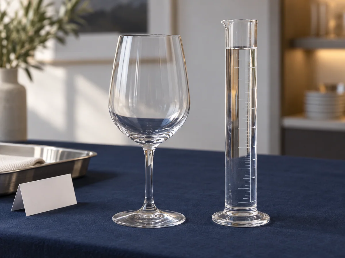 A clear wine glass beside a graduated cylinder during a water-volume check. Generated process illustration only; markings are not a calibrated measurement.