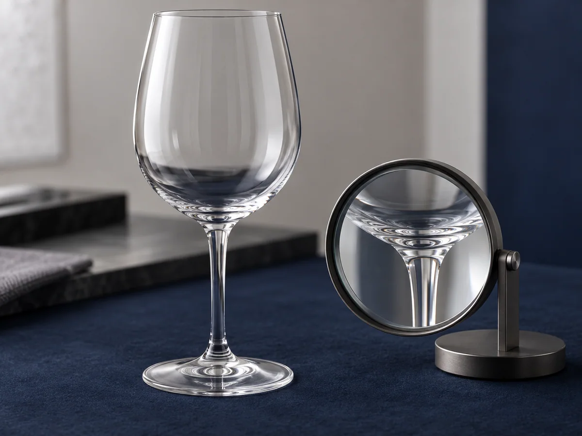 A clear wine glass and inspection magnifier highlighting the rim, bowl-to-stem joint and foot. Generated construction-detail illustration only; it does not identify composition or certify performance.