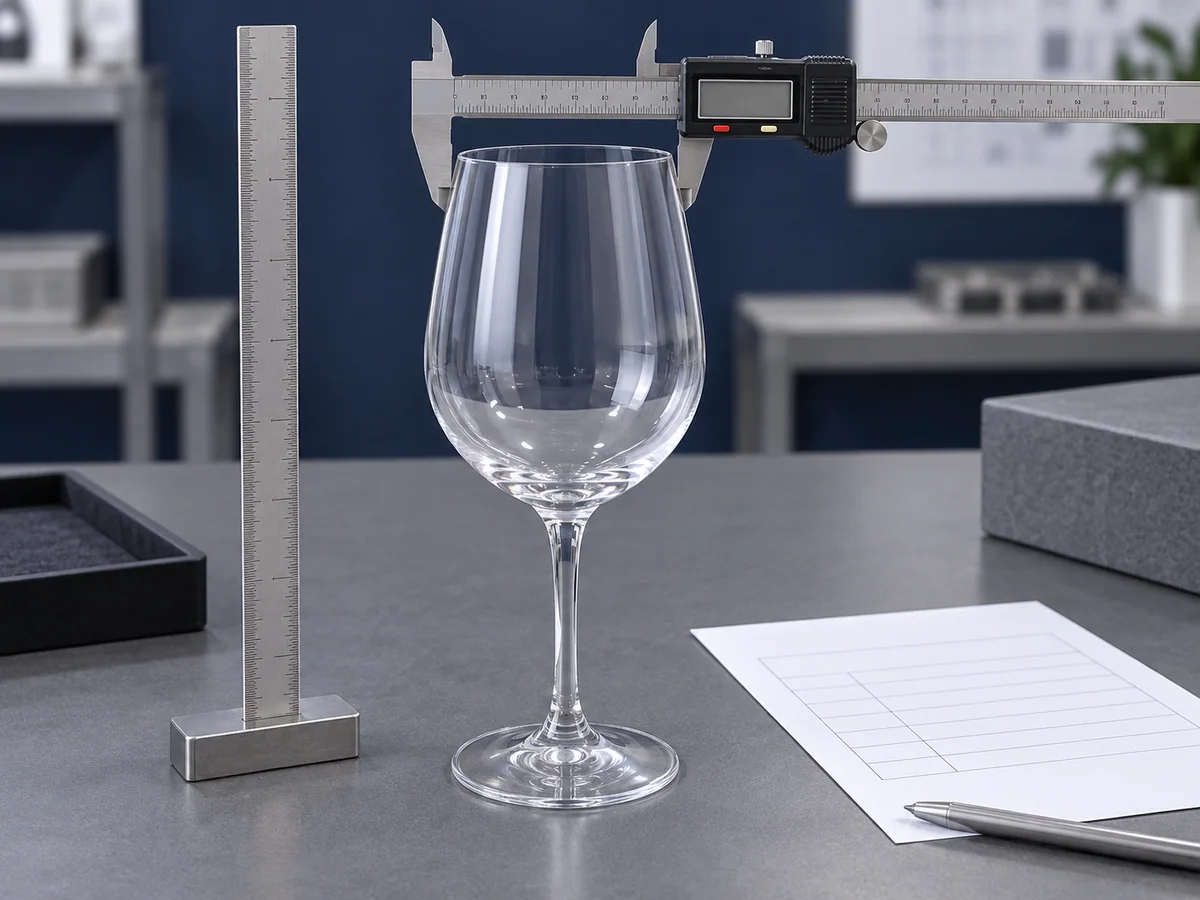 A clear wine glass shown with a caliper, height gauge and blank inspection sheet. Generated inspection illustration only; tool markings are not measurement evidence.